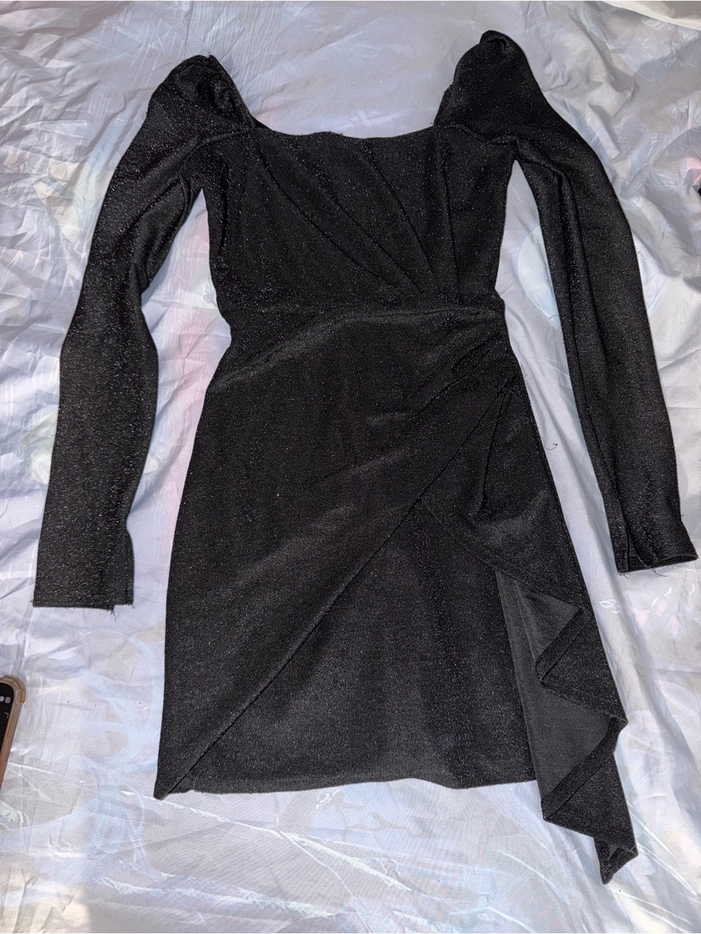 Francesca's Collections Black Sparkle Puff-Sleeve Wrap Mini Dress